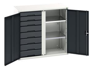 Verso partitioned cupboard with 2 shelves, 8 drawers. WxDxH: 1050x550x1000mm. RAL 7035/5010 or selected Bott Verso Basic Tool Cupboards Cupboard with shelves